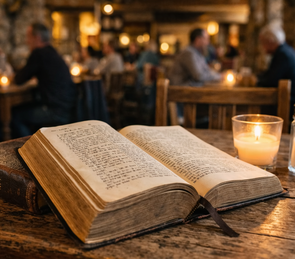 Bíblia em mesa rústi